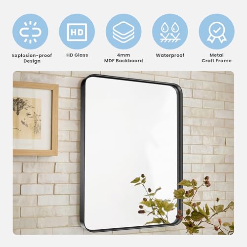 Image of DUMOS Black Metal Bathroom Mirrors for Over Sink, 30x21 Inch Wall Mounted Vanity for Restroom, Farmhouse, Corner, Horizontally or Vertically Hanging