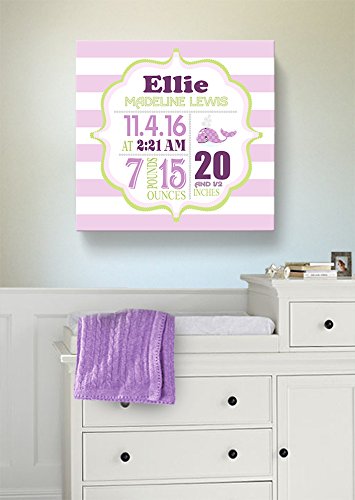 Personalized Stretched Canvas, Striped Nautical Birth Announcement, Custom Baby Name, Date, Weight Stats, Whale Nursery Wall Decor, 100% Wooden Frame Construction, Ready to Hang 24X24