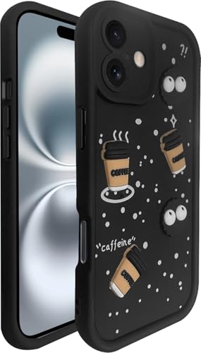 Image of SHINESTAR Back Cover for iPhone 16 - 3D Cartoon Coffee & Eyes Design | Soft Silicone Shockproof Case with Full Camera Protection | Cute & Playful Phone Cover - Black