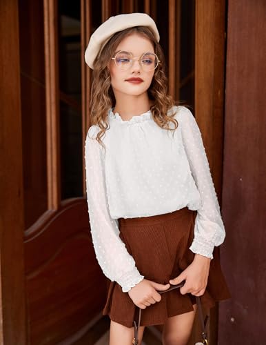 Arshiner Girls Long Sleeve Shirts Chiffon Blouses Swiss Dot Frill Neck Casual Loose Cute Top Tee2