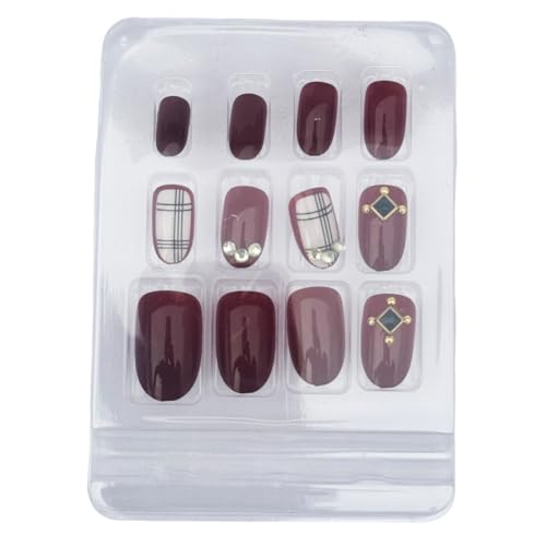 Press-On Nails Set, 12 Pieces Burgundy Artificial Nails with Geometric Design, Wedding Party Festival