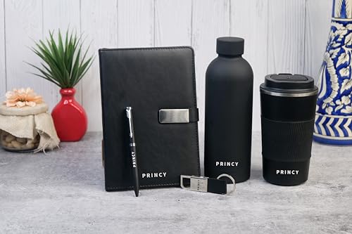 Image of Personalised 5 in 1 Corporate Gift Set which Includes Diary,Keychain, Coffee Mug, Metal Pen & Water Bottle. Gift Set for, Employee of The Month, Corporate Gift for Clients (Black)