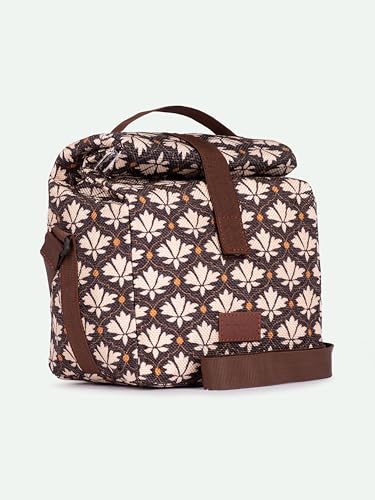 Image of ZOUK Bidri Kaiser Motif Printed Black and White Insulated Roll up Lunch Bag,Cotton,7 Litres
