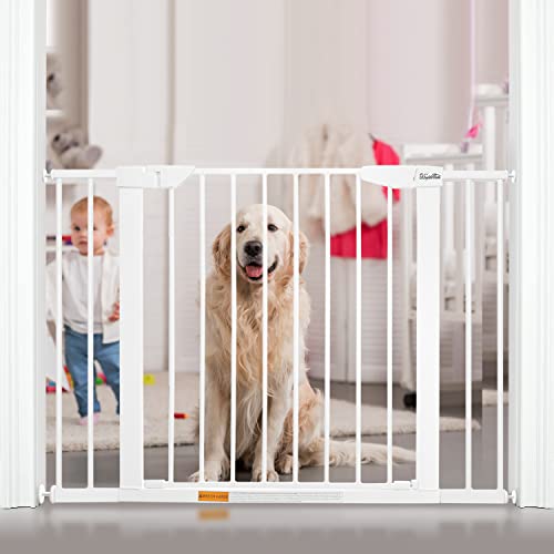 Image of KBYTDREAM 29.5 to 43.3" Extra Wide Walk Through Pet Gate, Auto Close Safety Baby Gate, Metal Durability Dog Gate for House, Stairs, Doorways, Includes 2 Extension Kit, White