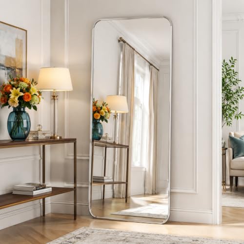 ZENOMIRRIS Silver Full Length Mirror 21 x 56 Inch Nano Floor Mirrors with Stand Rounded Corner Full Body Mirrors with Aluminum Alloy Frame for Bedroom Living Room Checkroom