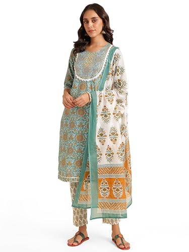 Image of MIRCHI FASHION Pure Cotton Women Straight Print & Thread Embroidery Kurti Set with Dupatta & Pant