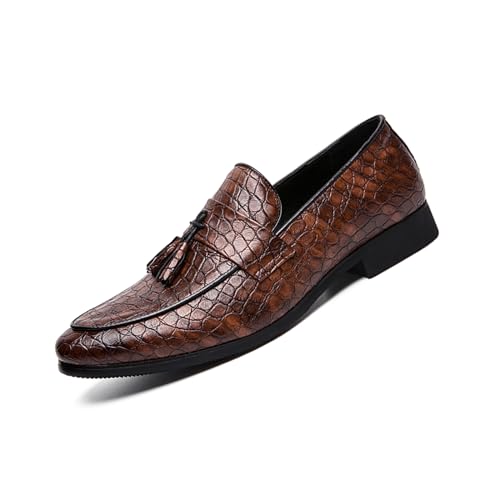 Men's Leather Print Dress Loafers with Tassel Decor Fashion Classic Point Toe Handmade Slip-on Penny Loafer Low Top Non-Slip Luxury Business Formal Shoes