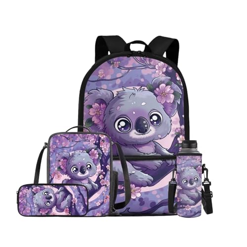 Cherry Blossom Koala Backpack for Girls Kids Backpack with Lunch Box Water Bottle Holder with Strap and Aesthetic Pencil Case 4PCS Set Cute Bookbag with Front Pocket 17 inch Kawaii School Bag