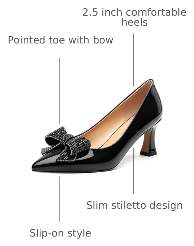 Image of Heels for Women Closed Patent Pointed Toe Bow Pumps Slip on Kitten Low Heels Wedding Party Dress Office Shoes 2.5Inch