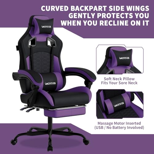 Image of Gaming Chair with Massage,Ergonomic PC Gaming Chair with Footrest Comfortable Headrest and Lumbar Support,High Back Game Chair PVC Leather,300LBS (BlackPurple)