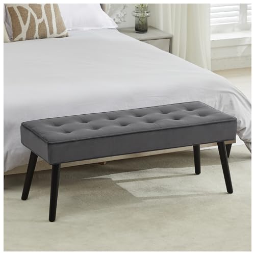 LOULENS 44'' Velvet Entryway Bench, Modern Upholstered Buttons Tufted End of Bed Bench with Solid Wood Legs, Comfortable Bed Ottoman for Bedroom, Living Room, Entryway, Hallway, Dark Grey