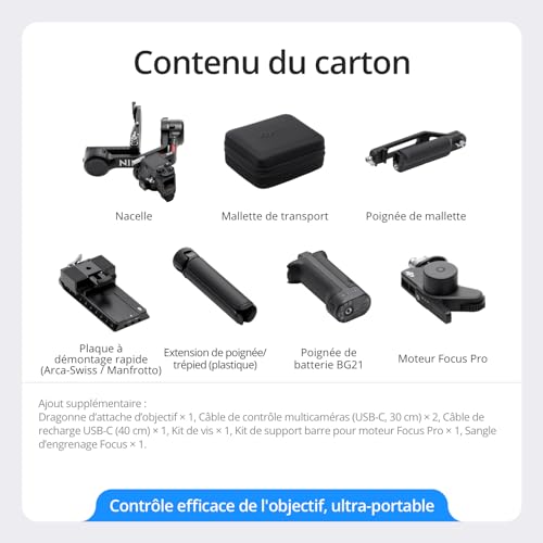 Bundle DJI RS 4, Stabilisateur de Nacelle à 3 Axes pour Caméras DSLR et sans Miroir Canon/Sony/Panasonic/Nikon/Fujifilm, Prise Verticale Native, Joystick à 2 Modes, Bras en Téflon + Moteur Focus Pro