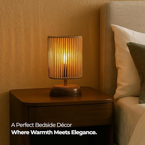 Image of Ikari Homes Boho Reed Table Lamp I Night Lamp for Bedroom Bedside & Center Table Lamp I Warm Ambient Cozy Lamp I Rattan Lamp I Size 21.5 x 12.7 cm - (Bulb Not Included)