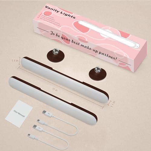 Image of Benreom 2 Pack Vanity Lights for Mirror with 4000mAh Rechargeable Battery, Touch Control Dimmable Makeup Light with 3 Color Modes, Magnetic 360 Adjustable LED Bathroom Mirror Light, Dark Wood