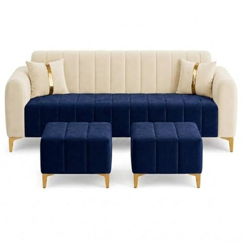 Image of FURNY Harmony 5 Seater L Shape Sofa Set with 2 Movable Ottoman & Golden Legs | Flexible Left or Right Layout | Plush Velvet Fabric (Dark Blue-Cream) | Perfect for Living Room, Guest Room & Office