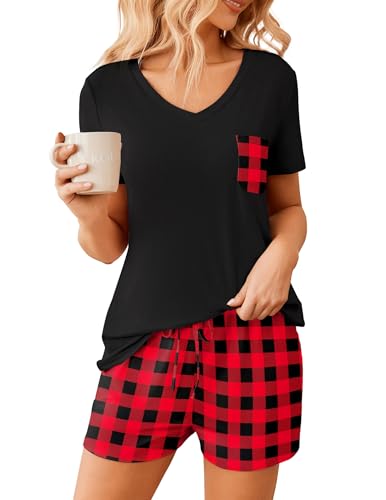 Image of Ekouaer Womens Pajama Sets Short Sleeve Pajamas for Women Sets Soft Lounge Sets Casual V Neck Sleepwear PJS