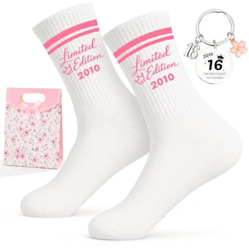 Scinzene 16 Geburtstag Mädchen Geschenkset Limited Edition 2010 Baumwollsocken Eu 36-44 & Edelstahl Schlüsselanhänger Mit Geschenktüte Geschenke Für 16 Jährige Mädchen Prinzessin