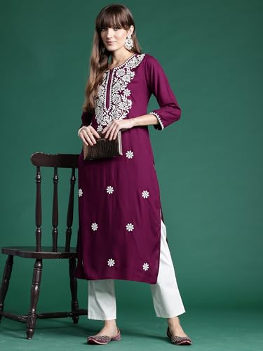 Image of INDO ERA Womens Straight Embroidered Chikankari Kurta