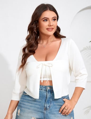 Image of ShopWonder Women's V-Neck Tie Front Shrug 3 /4 Sleeve Rib-Knit Cardigan Sweater Crop Top
