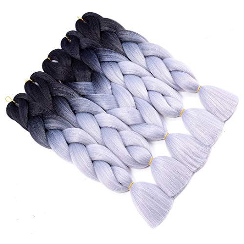 RN BEAUTY Ombre Jumbo Braiding Hair Extensions High Temperature Heat Resistant Synthetic Fiber for Twist Braiding Hair Crochet Weave Braid Hair 5 Pieces/lot 24 Inch 2 Tone Color Black/Silver Grey