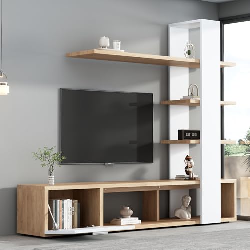 Meuble TV Mural 180 cm Blanc & Bois + 3 Étagères BTM