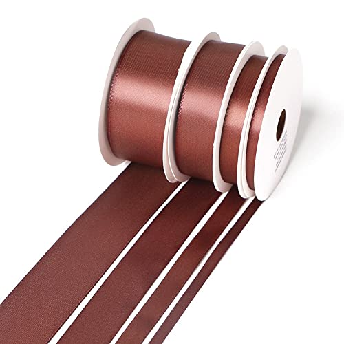 SmithRB 両面サテンリボン 光沢ある 4サイズセット 6mm 13mm 25mm 38mm 20ヤード巻き 合計80ヤード ブラウン