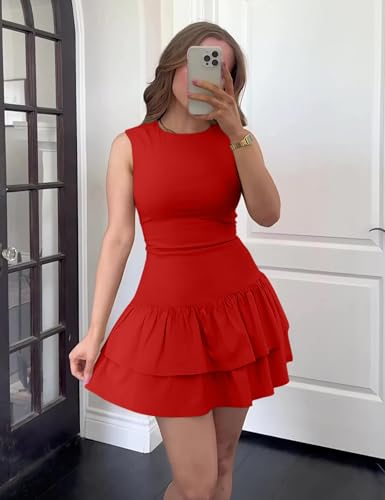 Image of GOKATOSAU Women's Summer Round Neck Cap Sleeve Bodycon Tiered Ruffle Hem Mini Dress Red