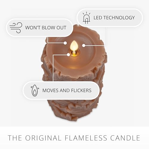 Image of Luminara Flameless Caramel Cafe Embossed Leaves 3.5 inch x 6.5 inch Pillar, Battery Operated & Timer Function, Fall Decorations Indoor Candle Moving Flickering Flame LED Light, Remote Ready (Sold Separately)