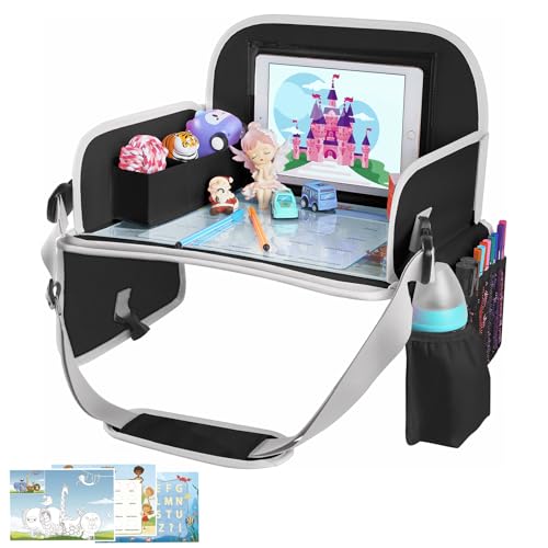 Image of MENZOKE Kids Travel Tray for Car Seat, Road Trip Essential Kids Lap Tray | Toddler Gift for Boy Activities with Dry Erase Board, No-Drop iPad Holder Stand, Cooler Cup Holder & Adjustable Strap, Black
