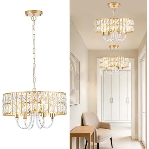 Crystal Chandeliers for Dining Room, 16.5 Inch Gold Dining Room Light Fixture, 4-Light ETL K9 Crystal Modern Round Chandelier for Living Room, Entryway, Kitchen, Foyer