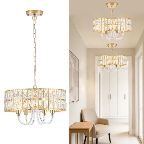 Yoedivu Crystal Chandeliers for Dining Room, 16.5 Inch Gold Dining Room Light Fixture, 4-Light ETL K9 Crystal Modern Round Chandelier for Living Room, Entryway, Kitchen, Foyer