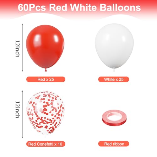 Image of KBZVNAF Red and White Latex Balloons - 60 Pack 12 inch Red White Confetti Party Balloons for Birthday, Baby Shower, Wedding, Christmas, Valentine's Day Party Decorations