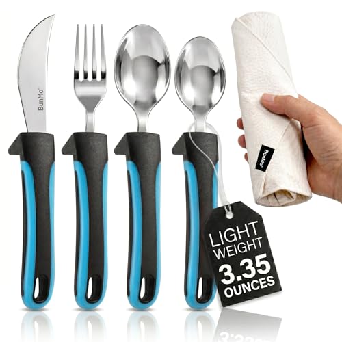 BUNMO Adaptive Utensils for Elderly, Arthritis, Weak Hand Grip, Tremors & Handicapped - Convenient Travel Pouch - 3.35oz Lightweight - Stainless Steel - Eat Independently - Adaptive Blue 4 Piece Set