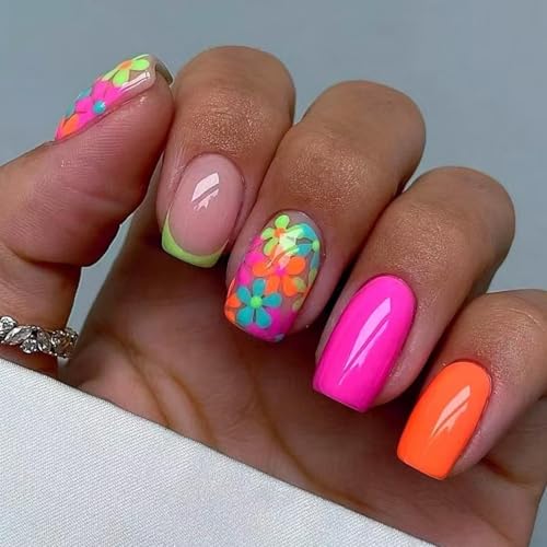 Flower Press on Nails Colorful Short Square Fake Nails with Frenc...