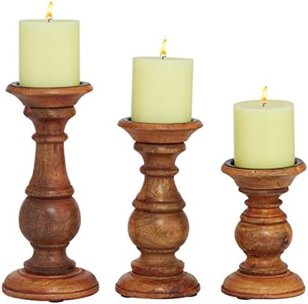 Deco 79 Mango Wood Turned Style Pillar Candle Holder with Distressed Finish, Set of 3 4", 8", 6"H, Brown