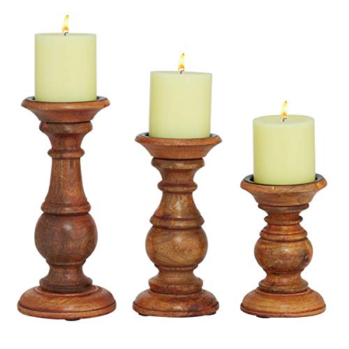 Deco 79 Mango Wood Turned Style Pillar Candle Holder With Distressed Finish, Set Of 3 4", 8", 6"H, Brown #TOP3