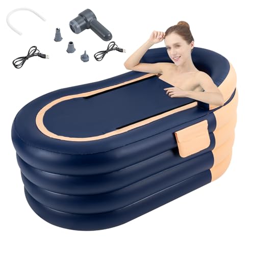 Aufblasbare Badewanne,Aufblasbare Faltbare Mobile Freistehende Badewanne,Ergonomische Rückenlehne,PVC,Eisbad mit Abdeckung & Pumpe für Erwachsene bis zu 180cm und Dusche,140 * 74 * 84cm (Orange+Blau)