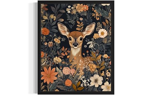 Image of Deer Art Print Poster, William Morris Style Retro Mid Century Botanical Victorian Dark Academia Gothic Decor Gallery 10a (Deer, 16 x 20 inches, Black Frame)