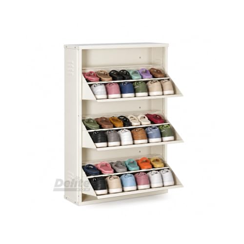 Image of DELITE KOM AIRO 24 inch 6 Shelf Double Decker Metal Shoe Rack Wall Mount for Home with Lock | Air-Vent Panels Keep Shoes Odour-Free | 18 Shoes /30 Slippers | 1Yr Warranty | 41x24x8 Ivory | DIY