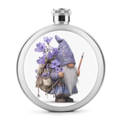 Hermosa petaca de acero inoxidable con gnomo lavanda con violetas para licor, botella de vino portátil de bolsillo redondo para bebida, 5 onzas