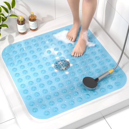HITSLAM Alfombrilla Ducha Antideslizante, 53X53cm Alfombrilla Bañera Antideslizante con Ventosas, Lavables a máquina Alfombrilla Baño, Suave en los pies, Azul