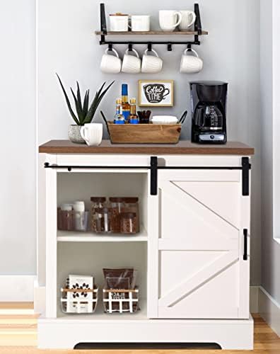 PHI VILLA Farmhouse Coffee Bar Cabinet - Sliding Barn Door Kitchen Sideboard Buffet Storage Cabinet
