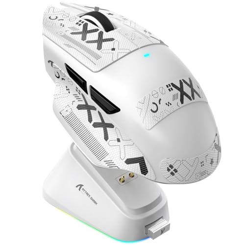 Image of ATTACK SHARK V6 Wireless Gaming Mouse with RGB Charging Dock, 25K DPI PAW3311 Sensor, 1K Polling Tri-Mode Ergonomic PC Mice, 5 Programmable Bottons, Cloud-Based AI Driver for Win /Mac,White&Tape