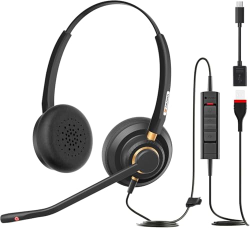 Arama Computer Headset with Microphone, USB Headset with Microphone for PC, Noise Cancelling Adjustable Volume Control Lightweight, for Laptop Business Skype UC Webinar Call Center Office