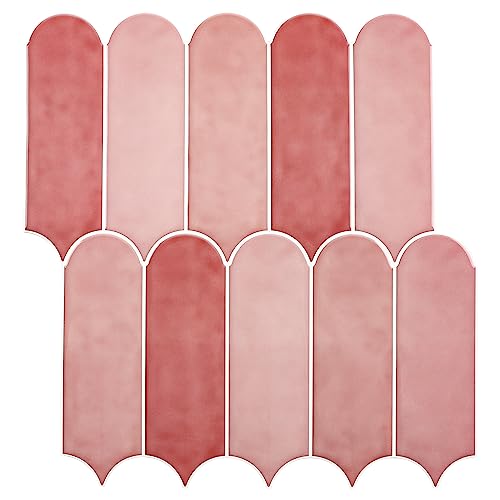 Image of Miscasa Pink Peel and Stick Backsplash Tile, Self-Adhesive 3D Glossy Pink Tiles with Peacock Feather Design for Kitchen, Bathroom, and Cabinet Furniture, Waterproof and Removable Wall Tiles
