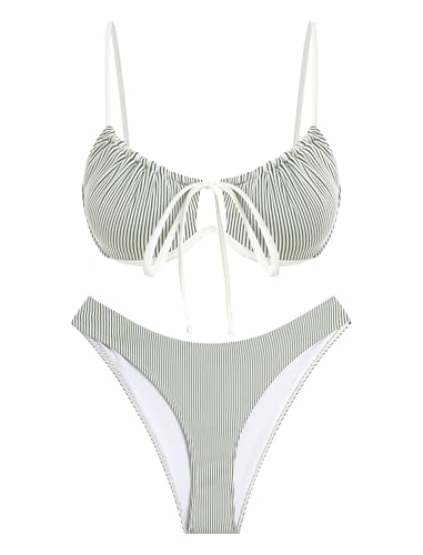 Image of ZAFUL Women High Cut Bikini Sets String Sexy Swimsuit Two Piece Underwire Bathing Suit Brazilian Cheeky Cut Out Cute Swimwear
