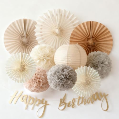 Image of EASY JOY Champagne Beige Paper Flowers Tissue Pom Poms Boho Birthday Decorations Paper Lanterns Party Decorations Happy Birthday Banner White Paper Fans for Boho Fall Rustic Neutral Baby Shower