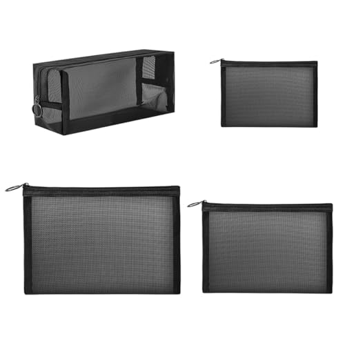 4 bolsas de cosméticos transparentes de tejido de rejilla neceser de viaje portátil neceser de maquillaje organizador para mujeres y niñas, Negro , Bolsa de cosméticos de malla transparente