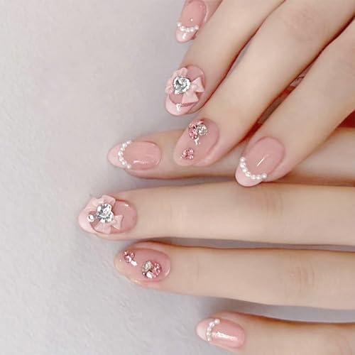24Pcs Bling Press on Nails Short Almond Fake Nails with Gem