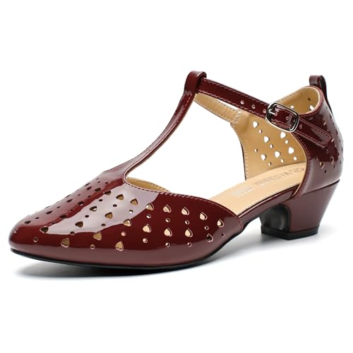 Image of MAIERNISI JESSI Women's T-Strap Mary Jane Pumps, Low Block Heel, Closed Toe, Buckle Ankle Strap